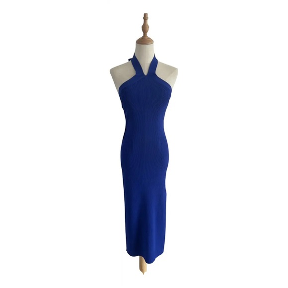 Wilfred Aritzia Cayenne Ribbed Blue Knit Elegant Blue Halter Dress Size Small - Picture 2 of 3